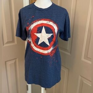 Marvel Captain America splash-paint logo heather blue shortsleeve women’s tee. S